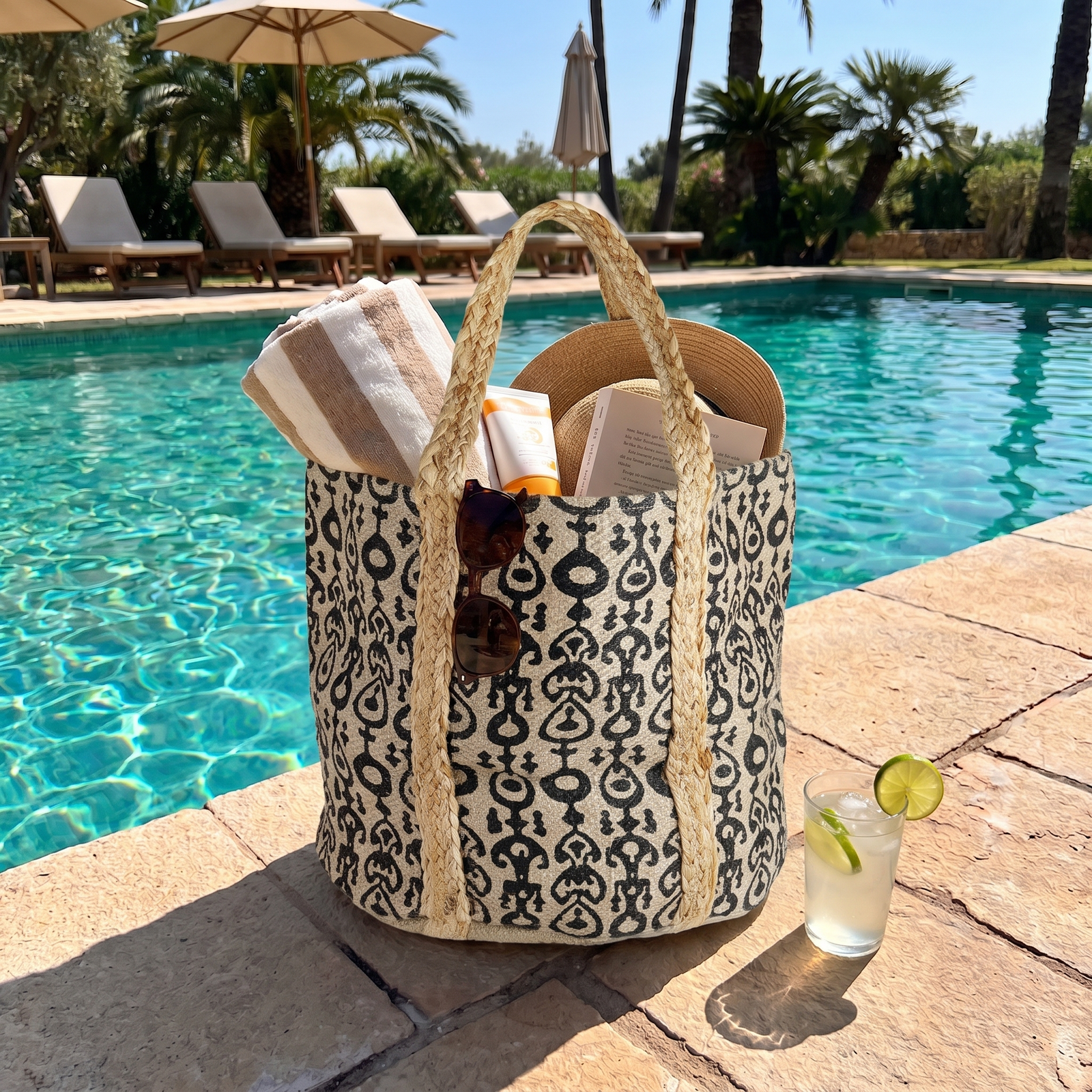 Panier en jute tressé "Arles", naturel et noir