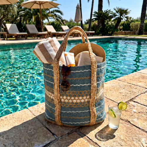 Panier en jute tressé bleu-gris et rouille