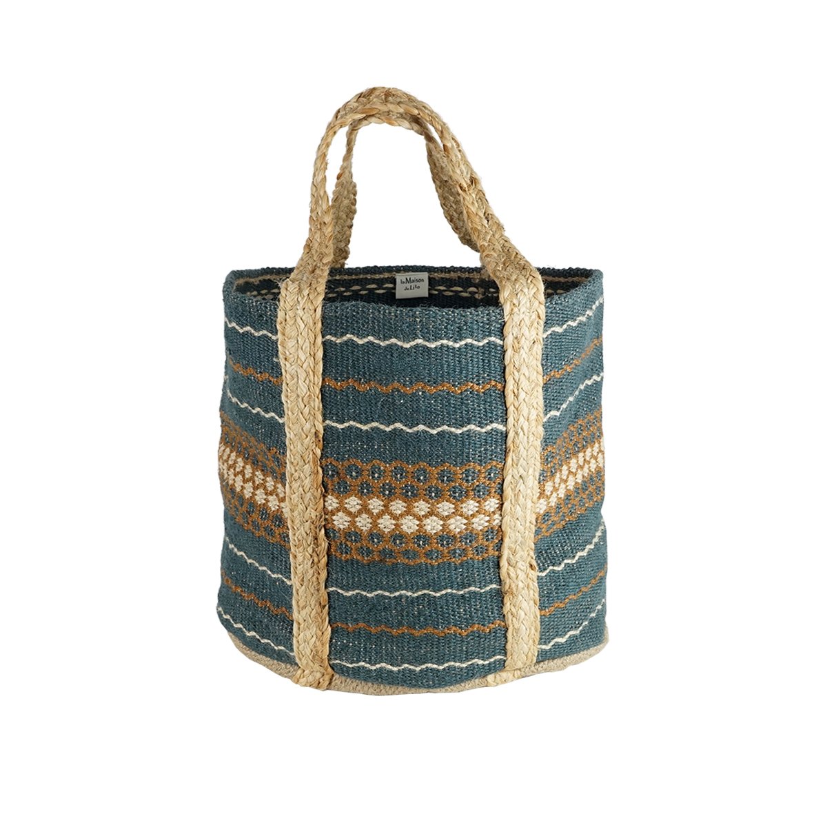 Panier en jute tressé bleu-gris et rouille – Image 2