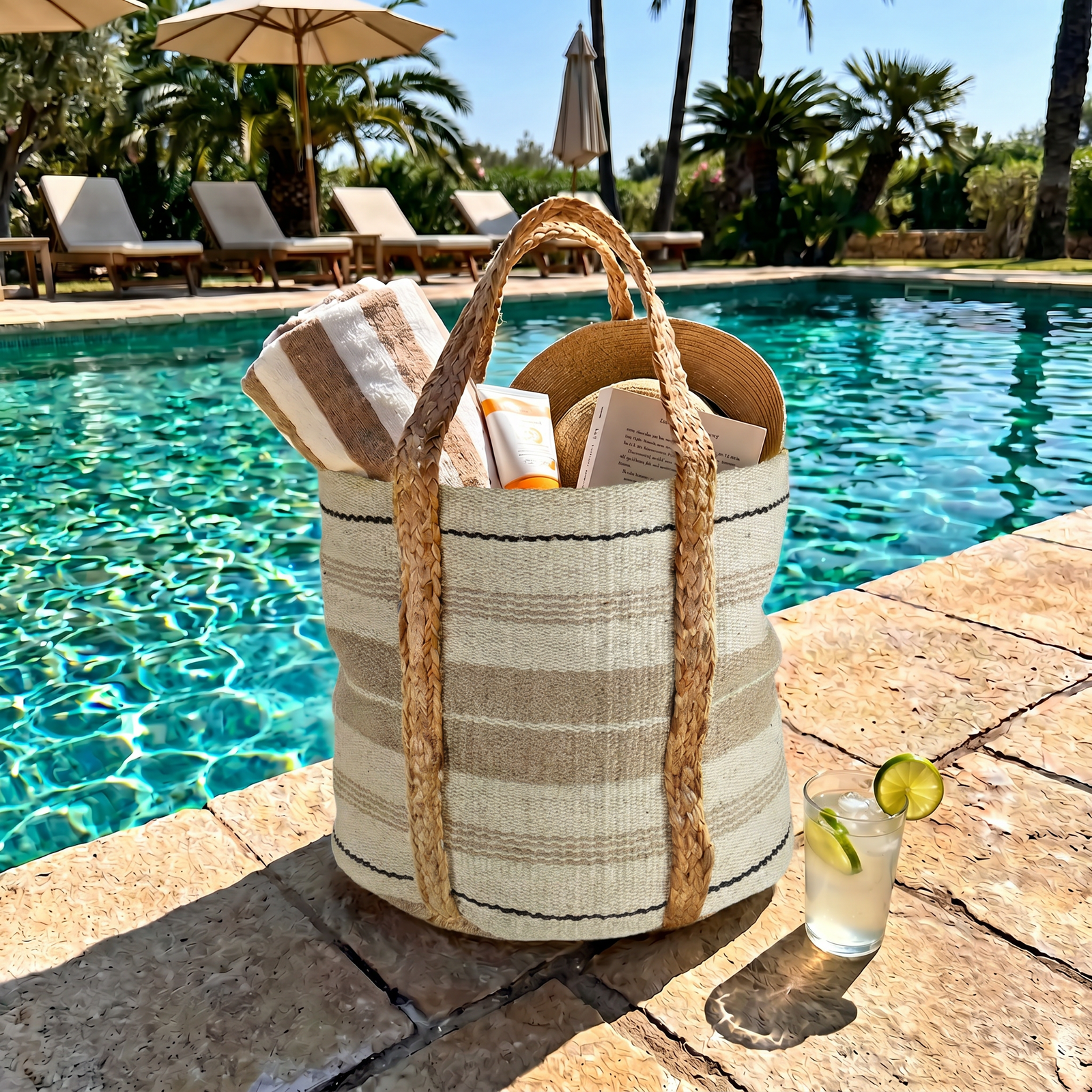 Panier en jute tressé rayé
