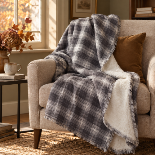 Plaid Highlands en gaze de coton doublée sherpa
