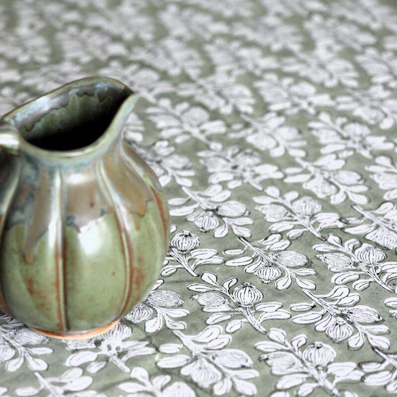 Nappe- jeté de lit Alhambra coton imprimé blockprint olive – Image 2