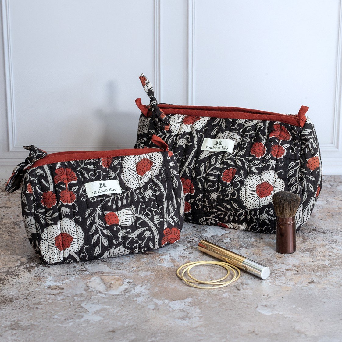 Trousse en coton matelassé imprimé blockprint "Poppies"