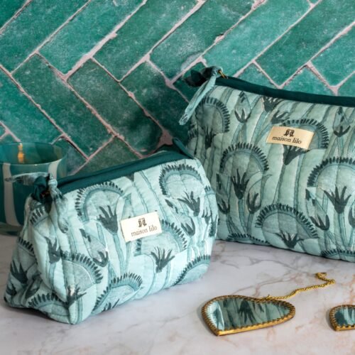 Trousse matelassée imprimée au tampon de bois Papyrus coloris lagon