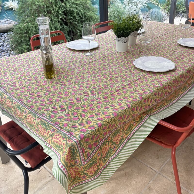Nappe Déjeuner à Menton, coton imprimé blockprint