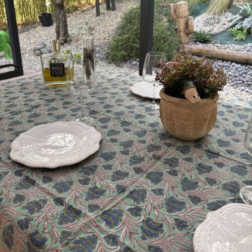Nappe "Jardins de Babylone" en coton imprimé au tampon de bois