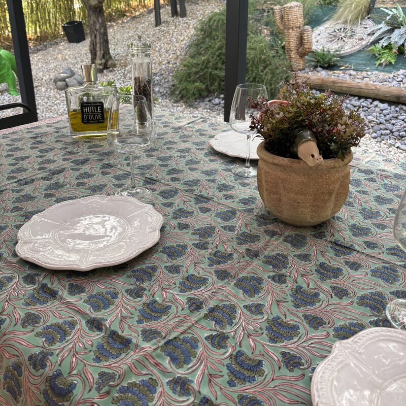 Nappe "Jardins de Babylone" en coton imprimé au tampon de bois