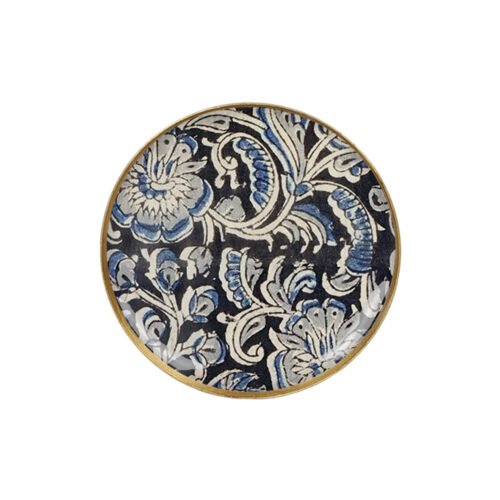 Mini plateau rond "Kalamkari" en métal émaillé, bordure dorée peinte main