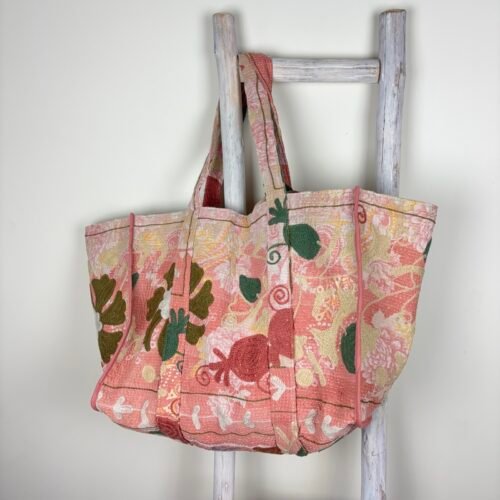 Sac cabas Havana kantha vintage brodé Suzani, coloris doux