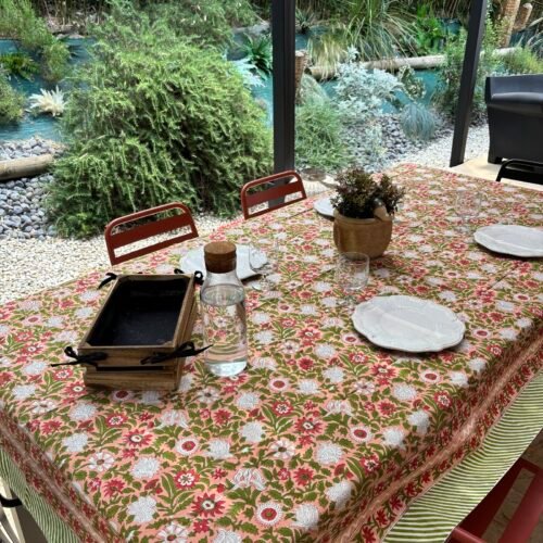 Nappe "Un Jardin à Lisbonne" en coton imprimé au tampon de bois