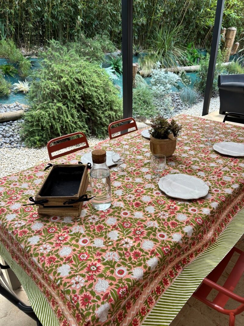 Nappe "Un Jardin à Lisbonne" en coton imprimé au tampon de bois