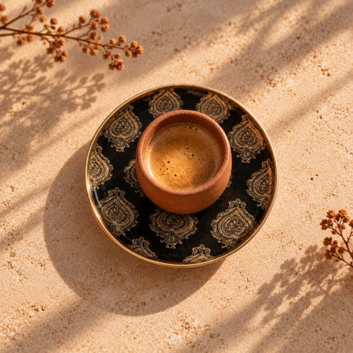 Plateau sous-tasse Arles noir métal émaillé, bord doré