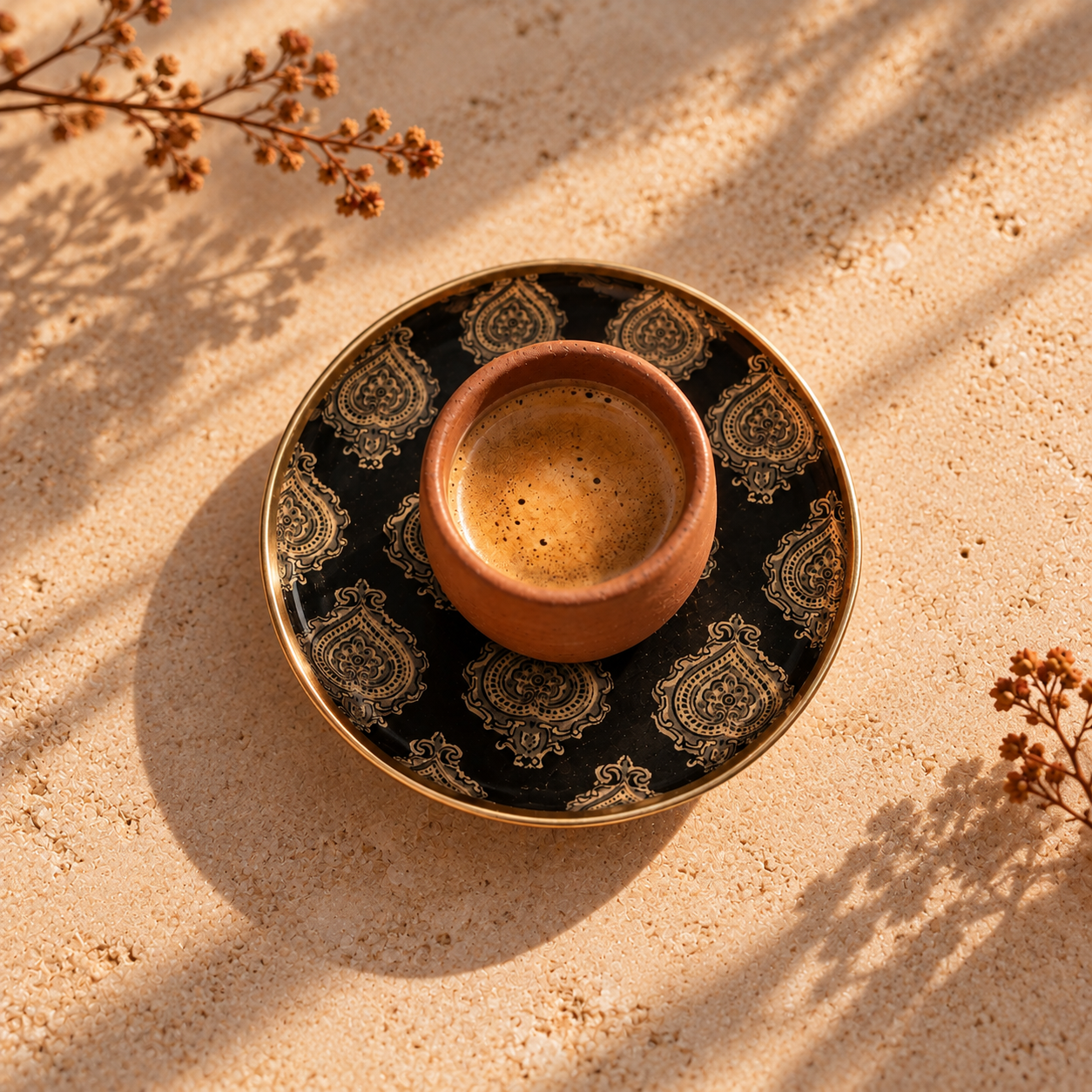 Plateau sous-tasse Arles noir métal émaillé, bord doré