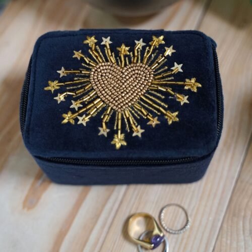 Boîte velours brodée Coeur radieux bleu nuit