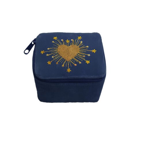 Boîte velours brodée Coeur radieux bleu nuit