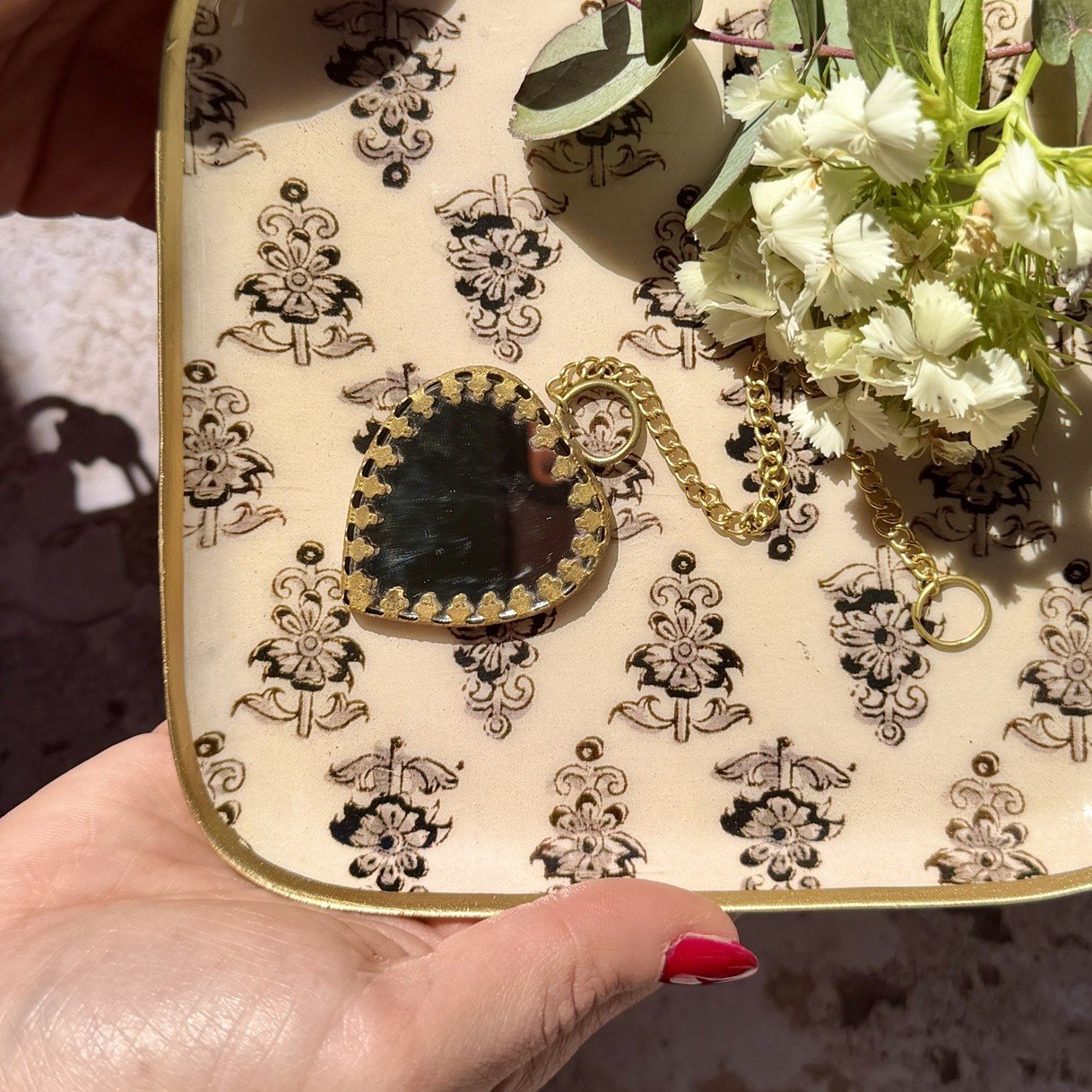 Mini miroir coeur serti verre et laiton antique – Image 3
