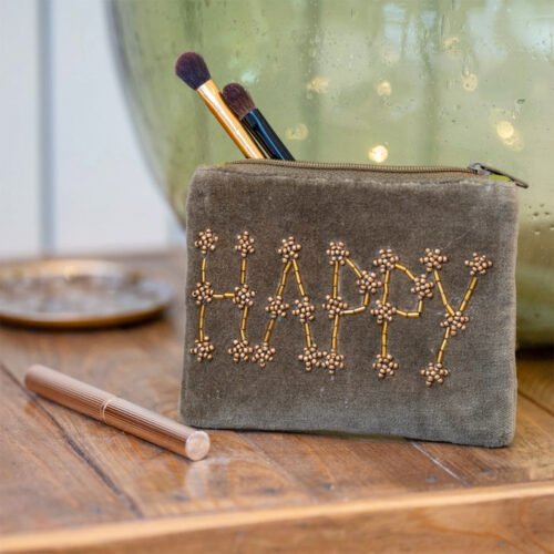 Petite pochette velours brodée "HAPPY" kaki