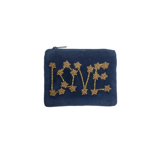 Petite pochette velours brodée "LOVE" bleu nuit