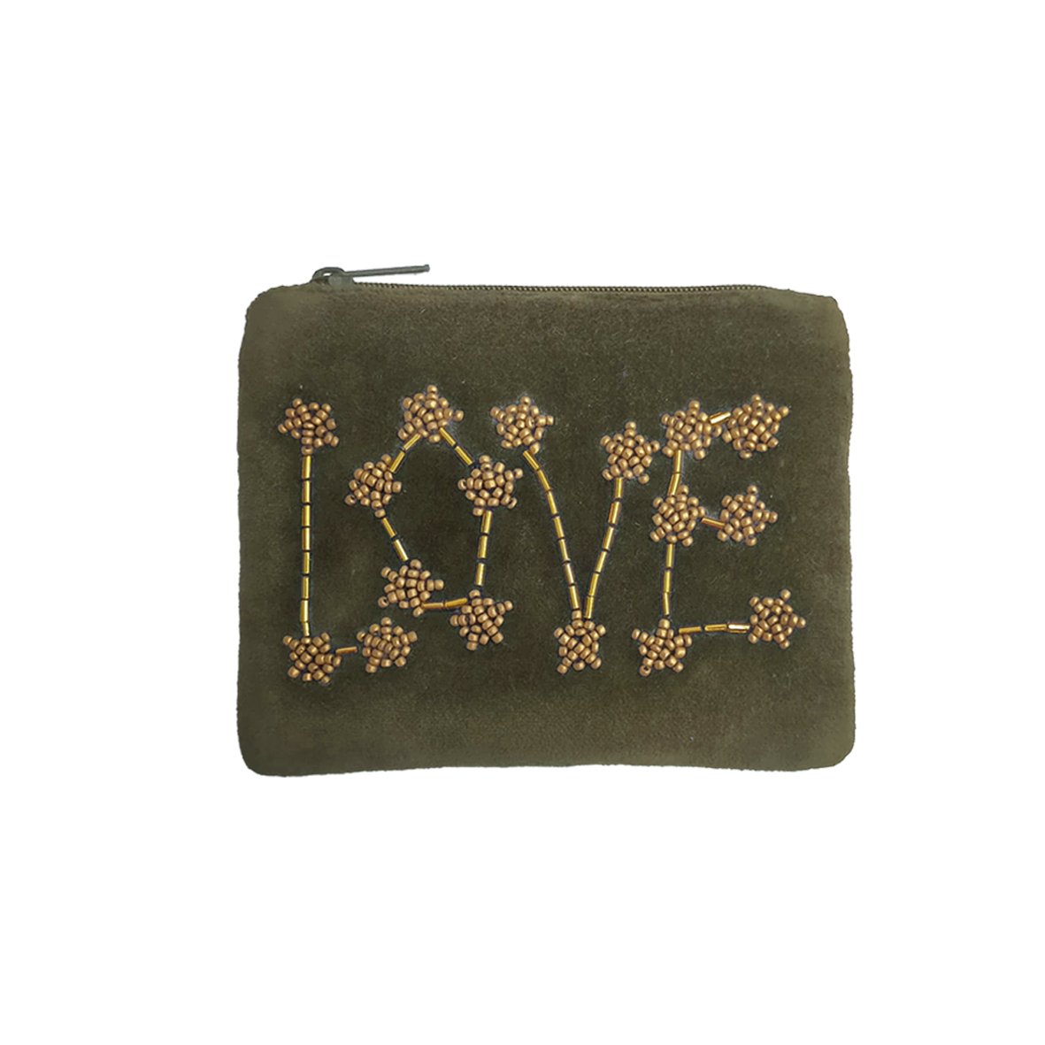 Pochette velours brodée "LOVE" kaki