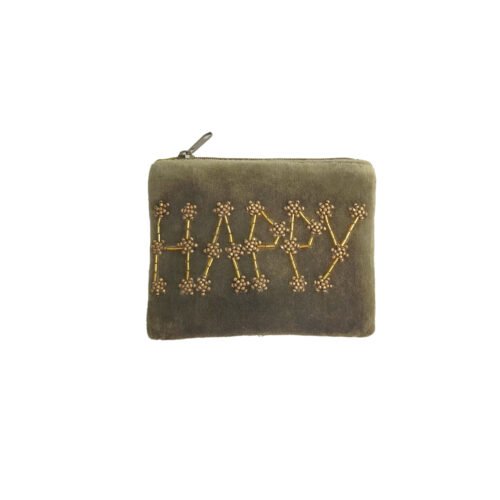 Petite pochette velours brodée "HAPPY" kaki