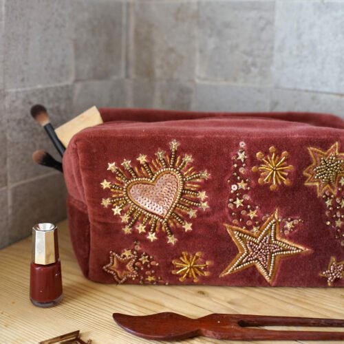 Trousse velours brodée Stars & hearts bois de rose