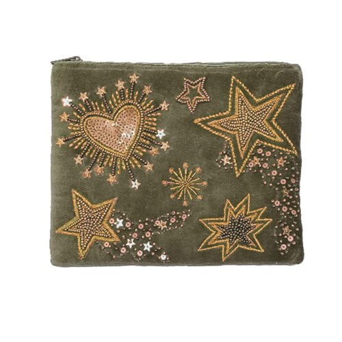 Pochette velours brodée Stars & hearts kaki