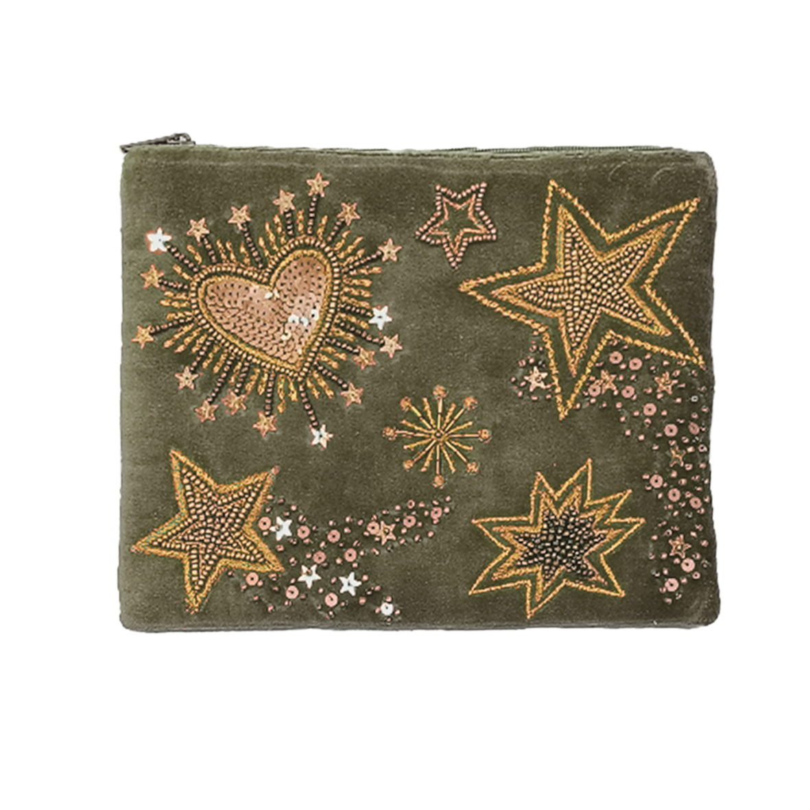 Pochette velours brodée Stars & hearts kaki – Image 2