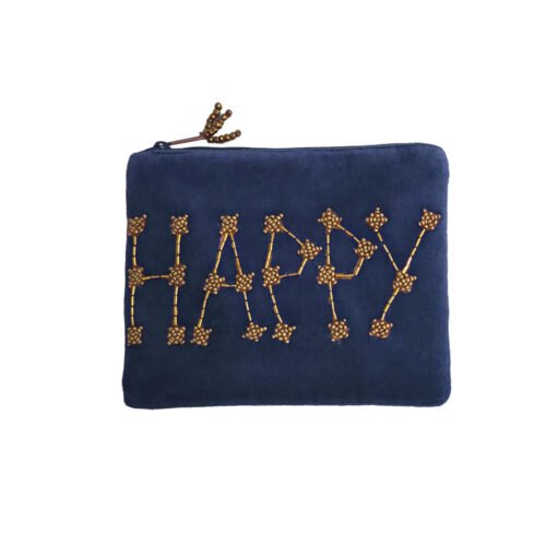 Pochette velours brodée "HAPPY" bleu nuit