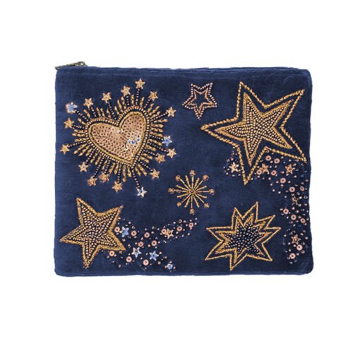 Pochette velours brodée Stars & hearts bleu nuit