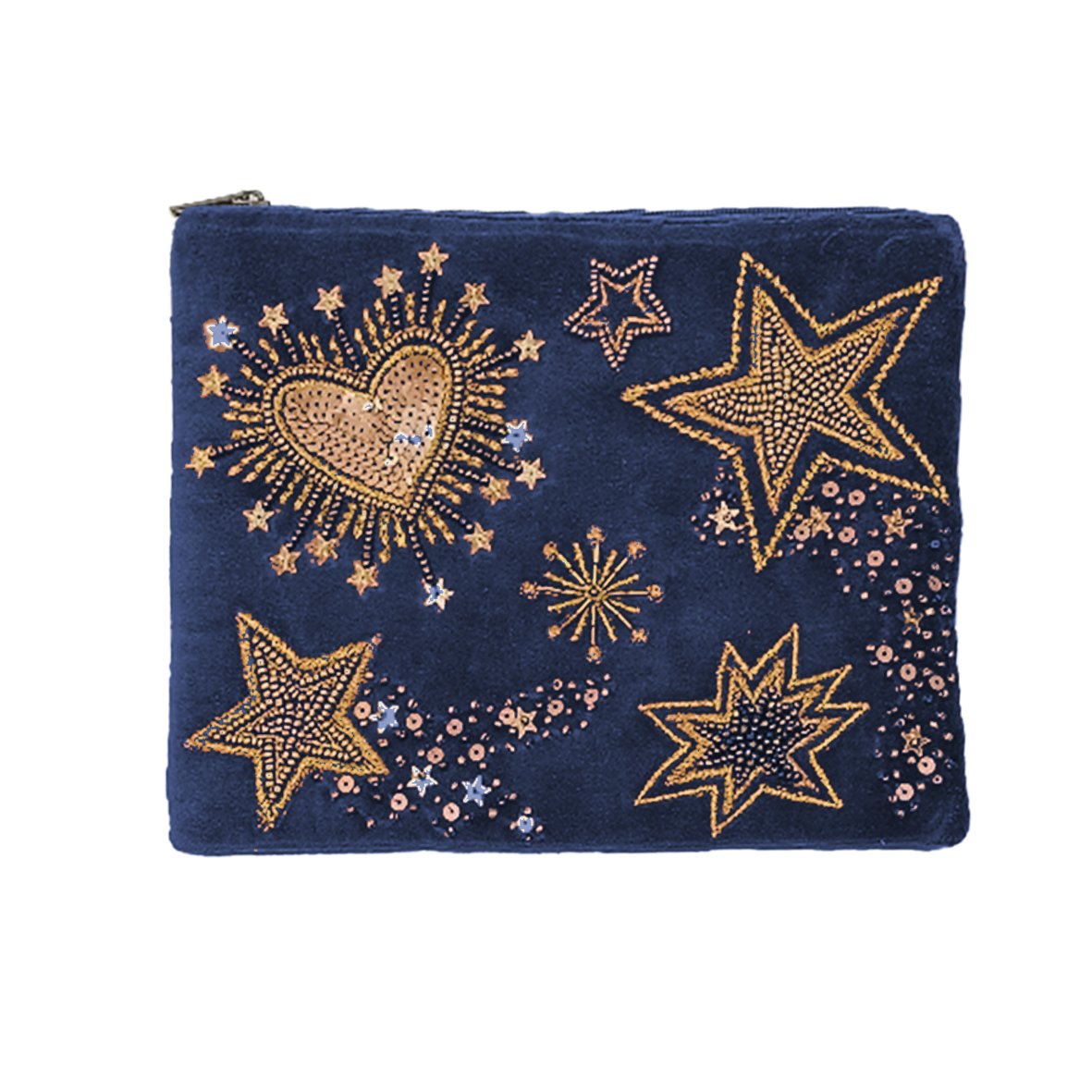 Pochette velours brodée Stars & hearts bleu nuit