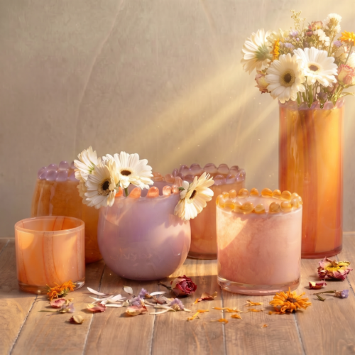 vue d'ensemble vases et photophores en verre soufflé