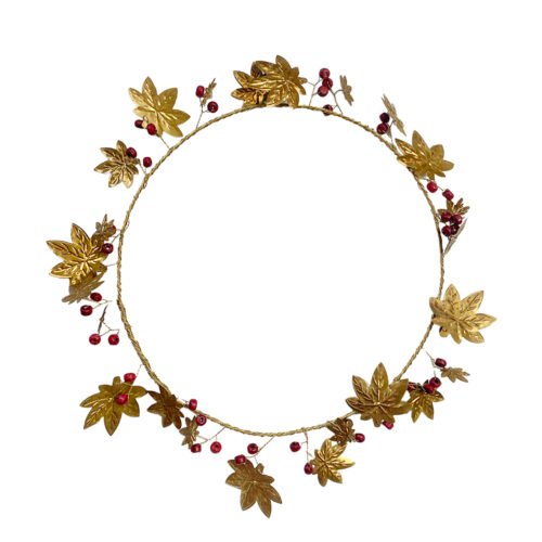 Couronne feuilles d'érable laiton et perles de bois rouge