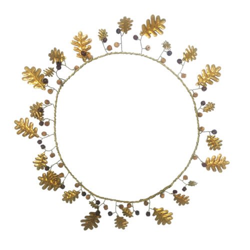 Couronne feuilles de chêne laiton et perles de bois prune