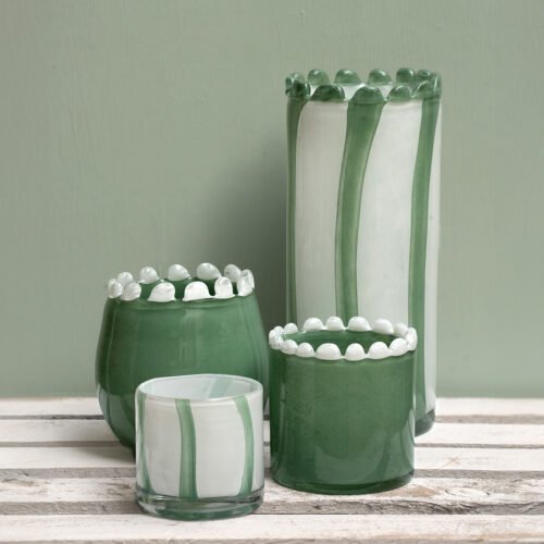 collection vase et photophore en verre soufflé coloris blanc et vert