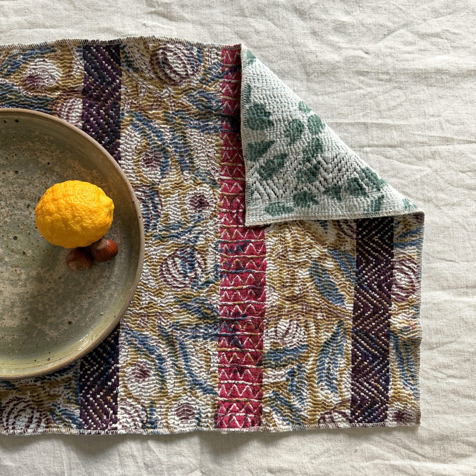 Lot de 4 sets de table en kantha ancien imprimé blockprint, pièces unqiues