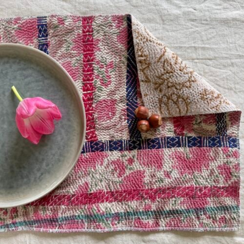 Lot de 4 sets de table en kantha ancien imprimé blockprint, pièces unqiues