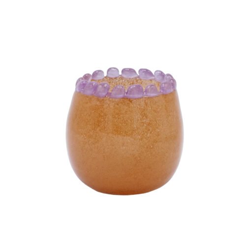 Vase rond moka en verre soufflé bouche bord perlé rose opaline