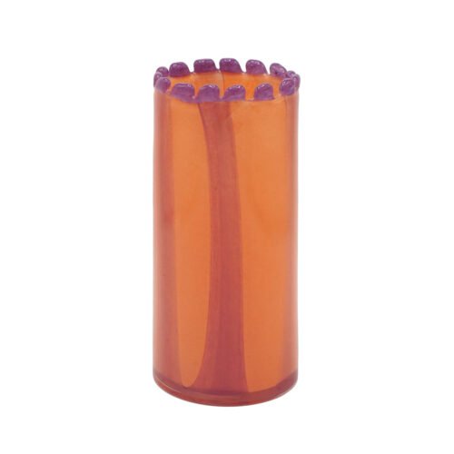vase en verre soufflé coloris corail avec bord perlé lilas
