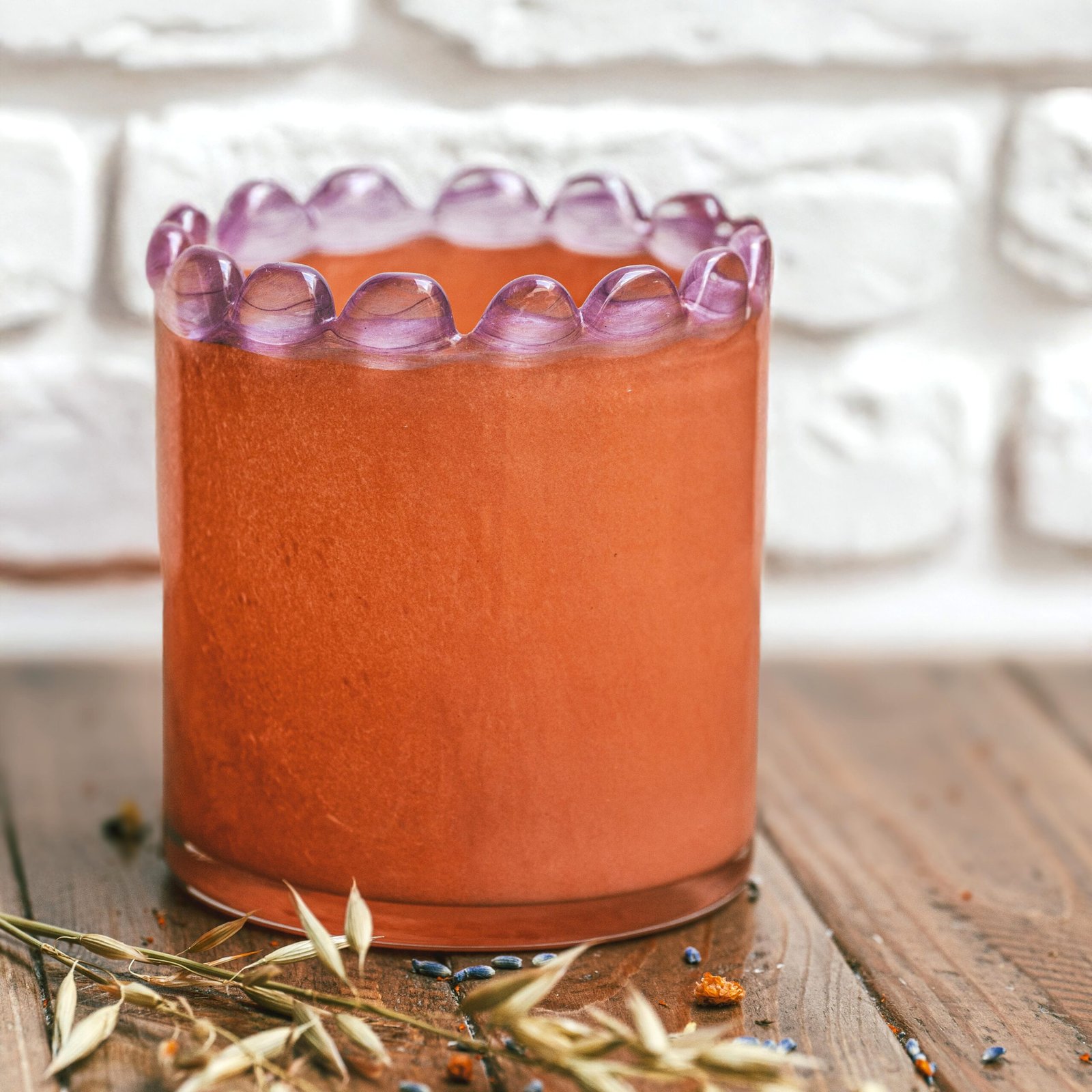 Photophore à bord perlé en verre soufflé bouche, peach