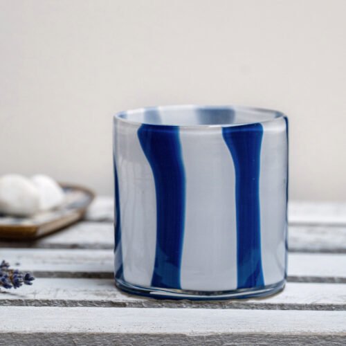 Photophore en verre soufflé blanc/marine