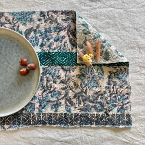Lot de 4 sets de table en kantha ancien imprimé blockprint, pièces unqiues