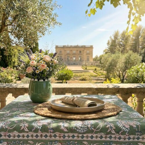 Nappe Trianon vert pigeon, coton imprimé blockprint