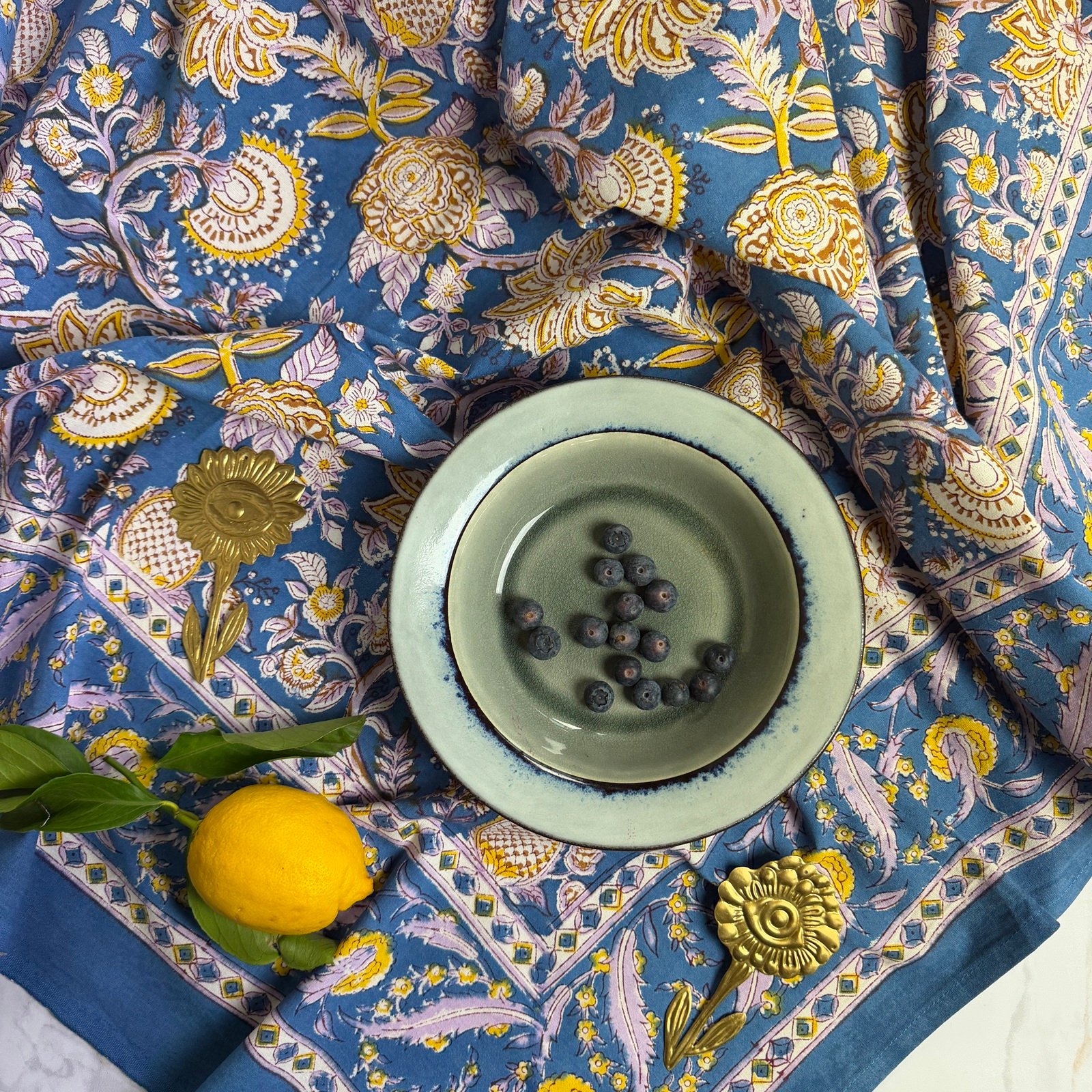 Nappe Versailles bleu royal, coton imprimé blockprint – Image 2