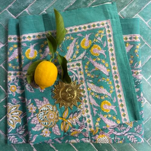 Nappe Versailles vert d'eau, coton imprimé blockprint