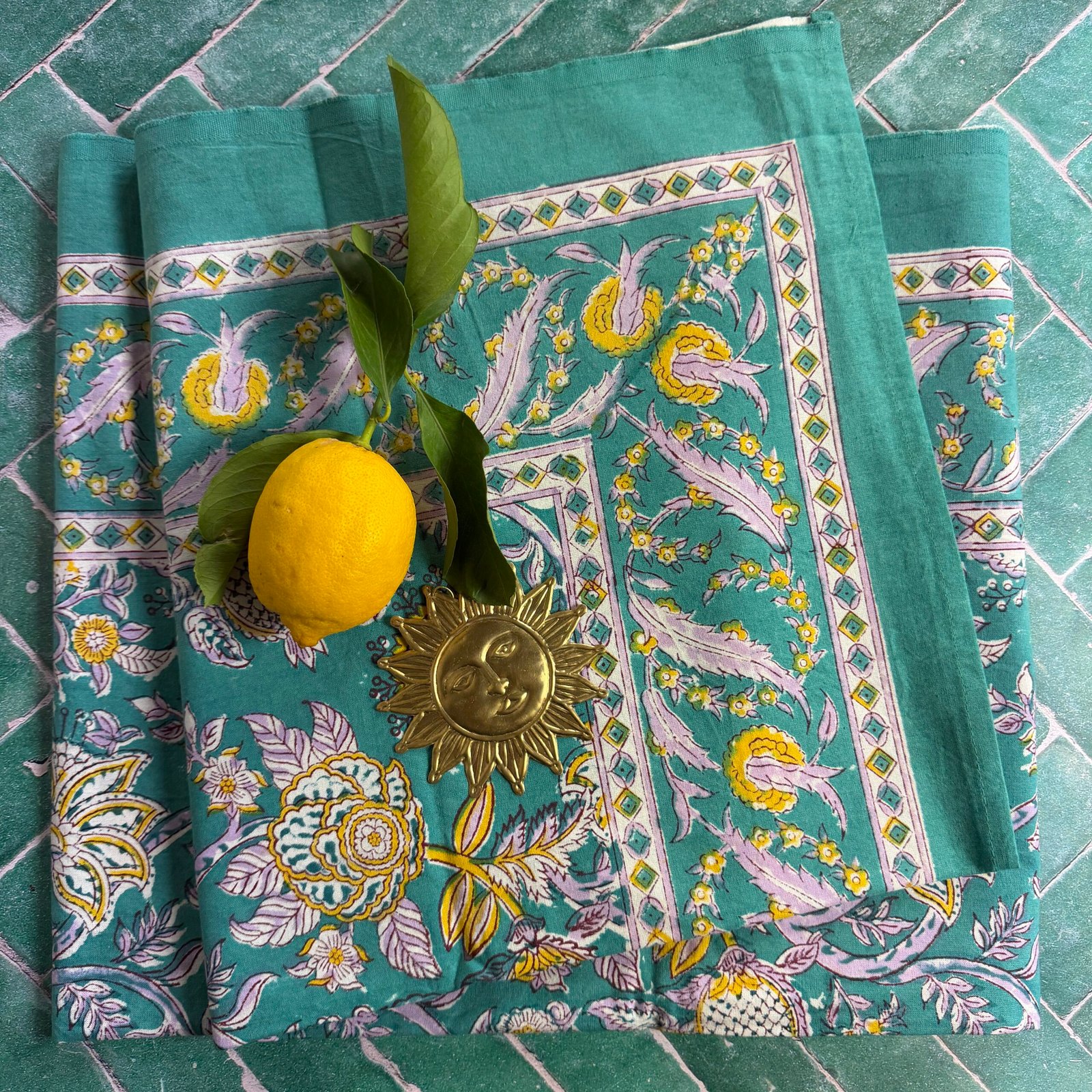 Nappe Versailles vert d'eau, coton imprimé blockprint