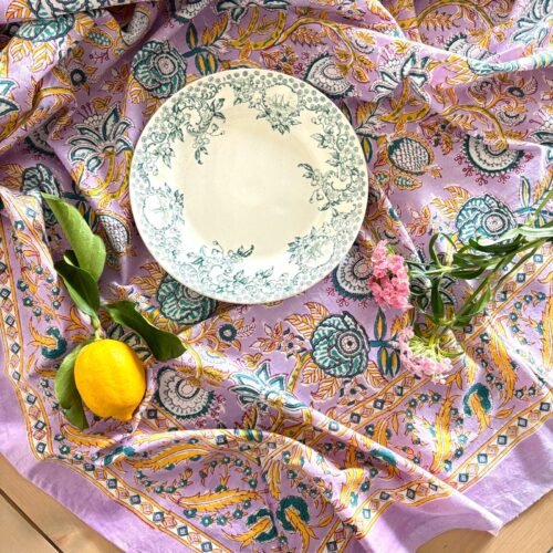 Nappe Versailles lilas en coton imprimé blockprint