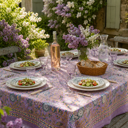 Grande nappe Versailles lilas, coton imprimé blockprint