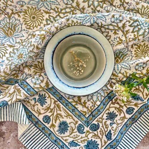 Nappe Barbizon bleu en coton imprimé blockprint