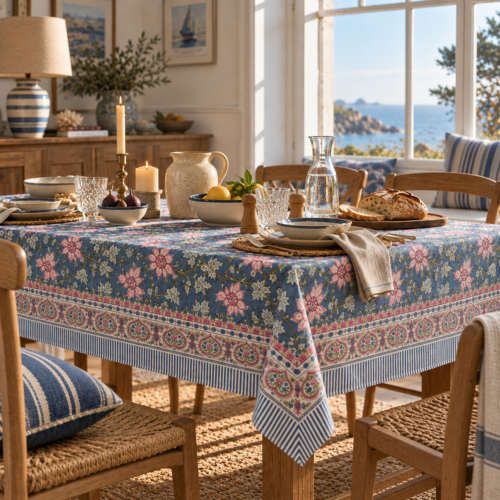 Nappe carrée blockprint Romantique disponible en deux dimensions