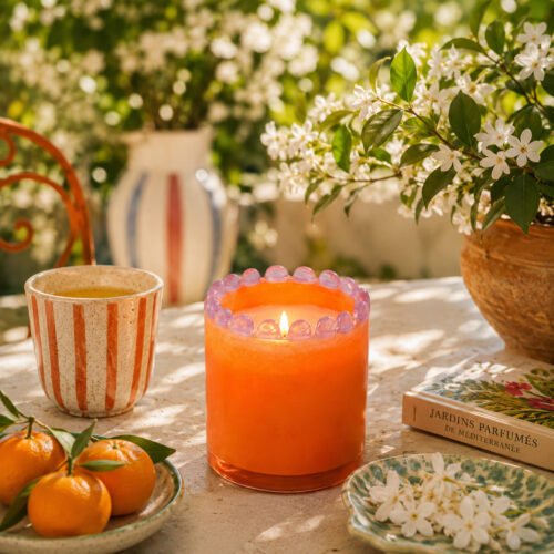 Bougie Be Happy dans photophore 350g, made in Provence